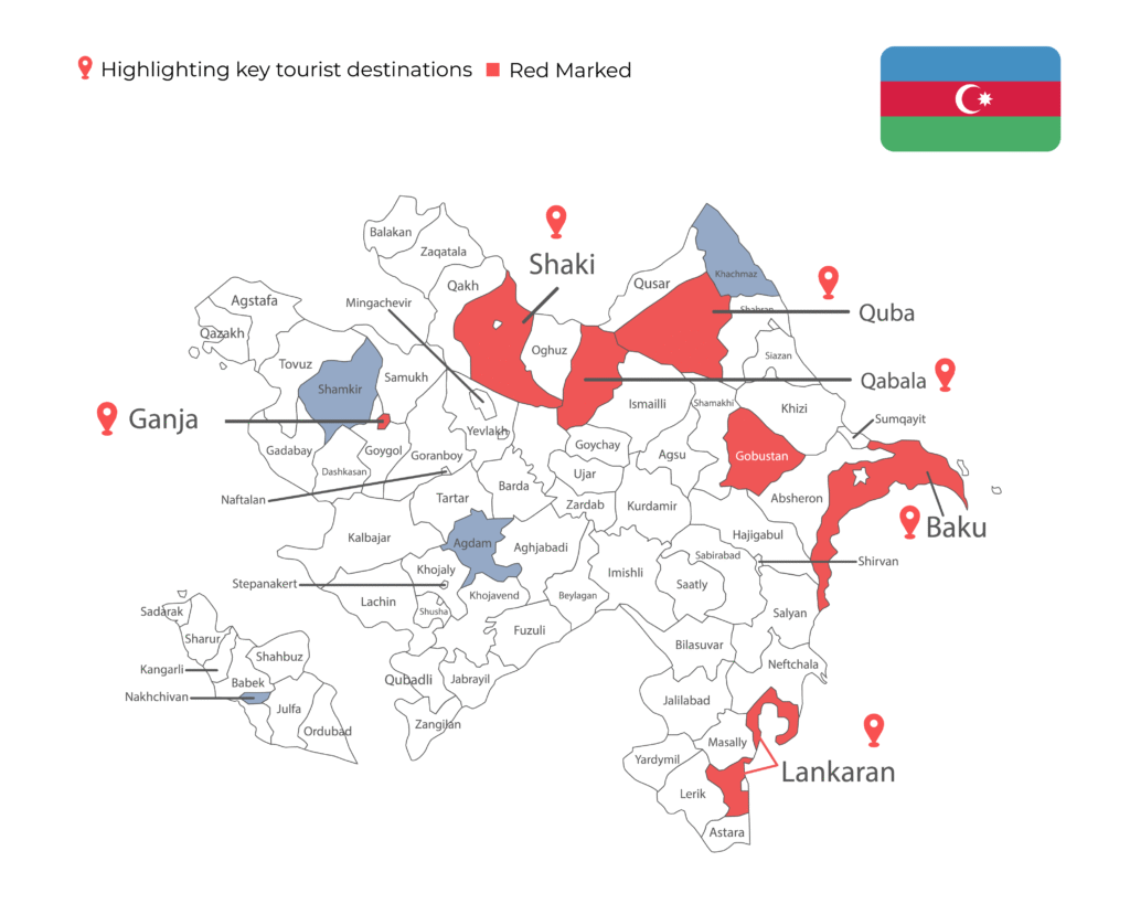 Azerbaijan tourist destination map with major cities and attractions